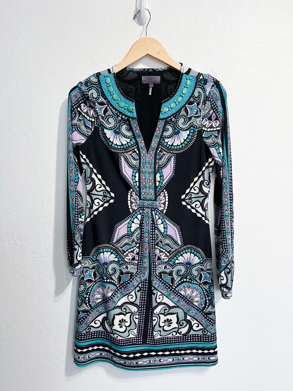 Hale Bob Mini Dress Small Jewels Geometric Paisley Resort Boho Teal Shift Blac